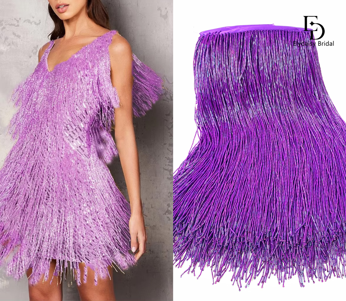 Beaded Trim Fringe - 30CM Long Purple Green Black Beads