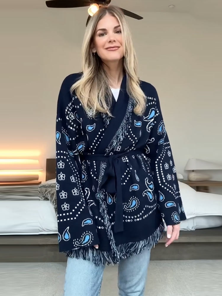 Elegant Print Tassel Cardigan  - Tassel Fringe Trim incelemesi ve fiyatı