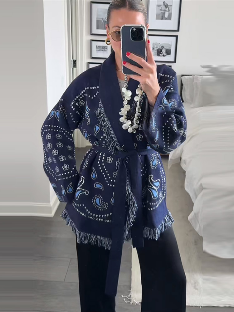 Elegant Print Tassel Cardigan  - Tassel Fringe Trim incelemesi ve fiyatı